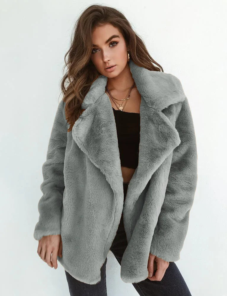 "Amoura Elegance Women's Plush Lapel Slim-Fit Jacket – European & American Fashion Sexy Autumn/Winter Outerwear for Stylish Comfort"