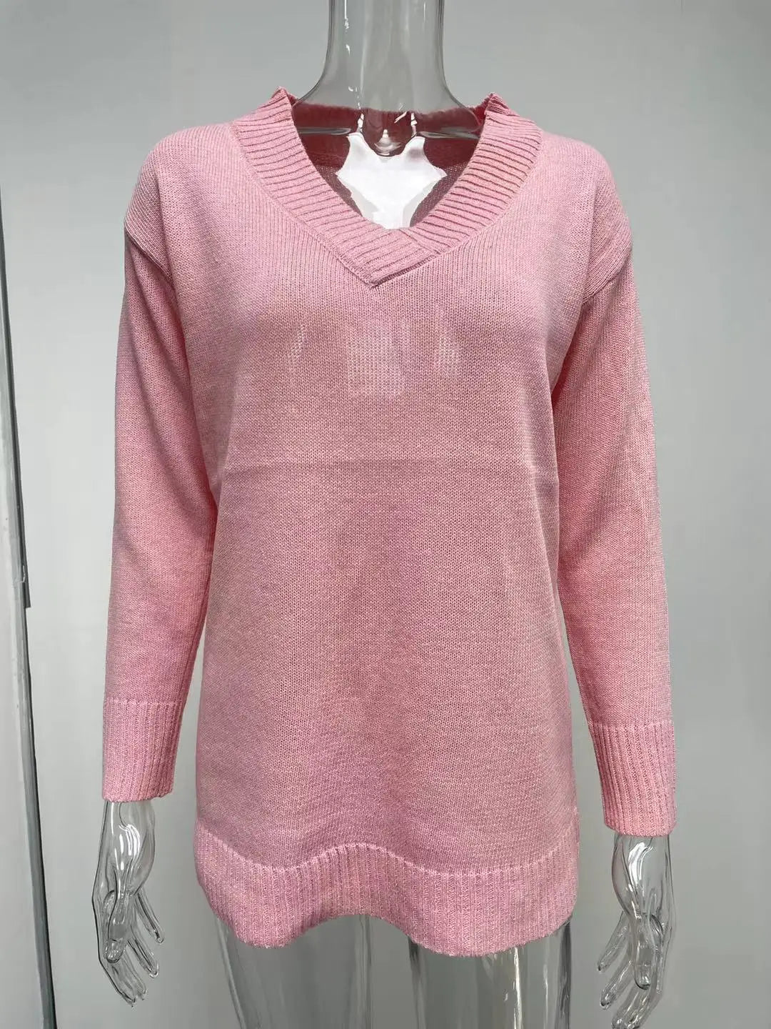 Amoura Elegance Fashion Europe and US 2024 Autumn/Winter Solid Color V-Neck Sweater Blouse – Casual Loose Fit Women's Top