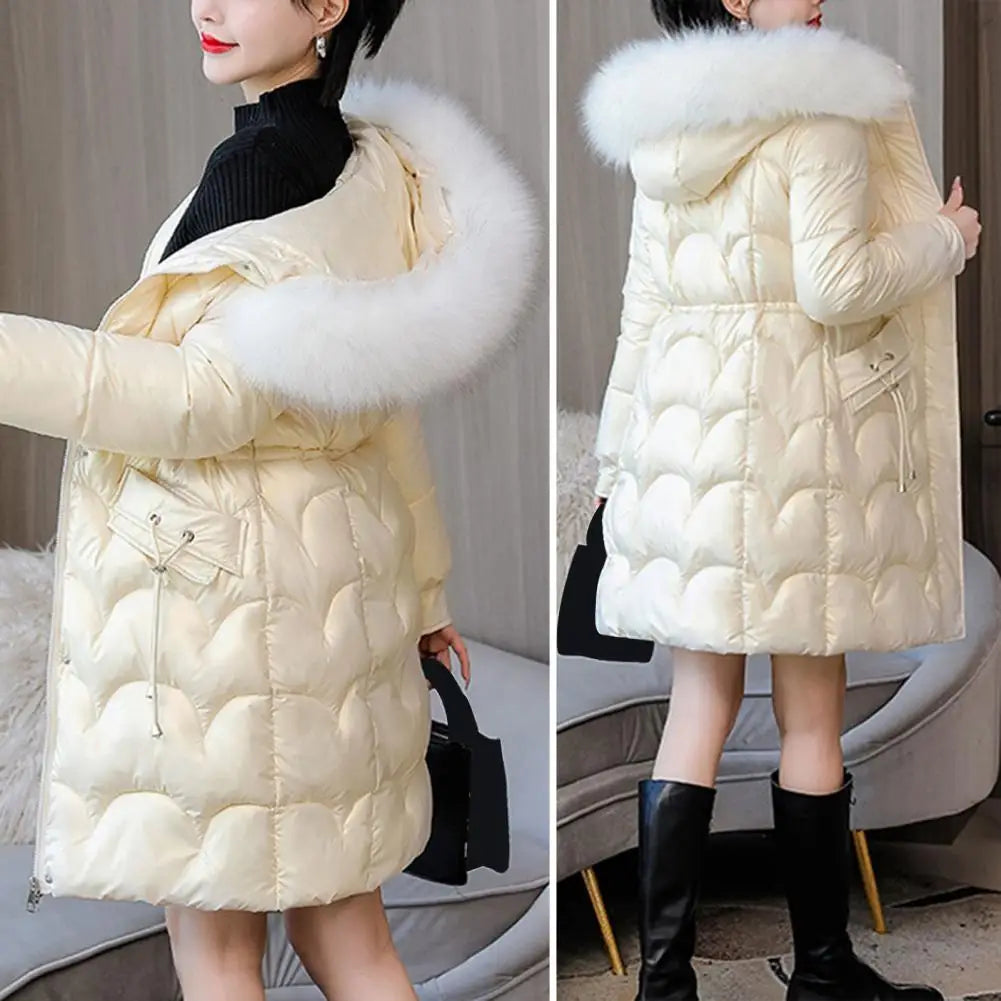 "Amoura Elegance Women's Winter Cotton Coat – Thickened Padded Faux Fur Hooded Mid-Length Slim Fit Windproof Outerwear for Cold Weather Comfort"