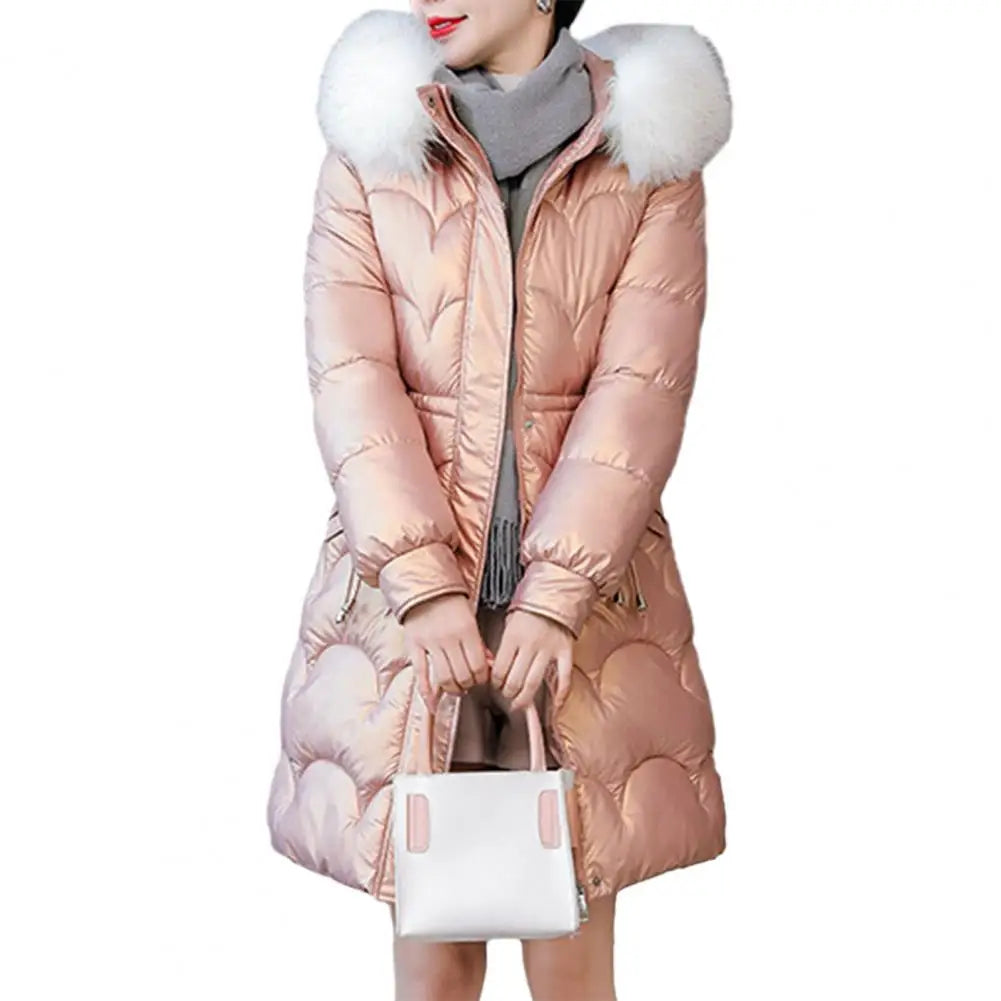 "Amoura Elegance Women's Winter Cotton Coat – Thickened Padded Faux Fur Hooded Mid-Length Slim Fit Windproof Outerwear for Cold Weather Comfort"