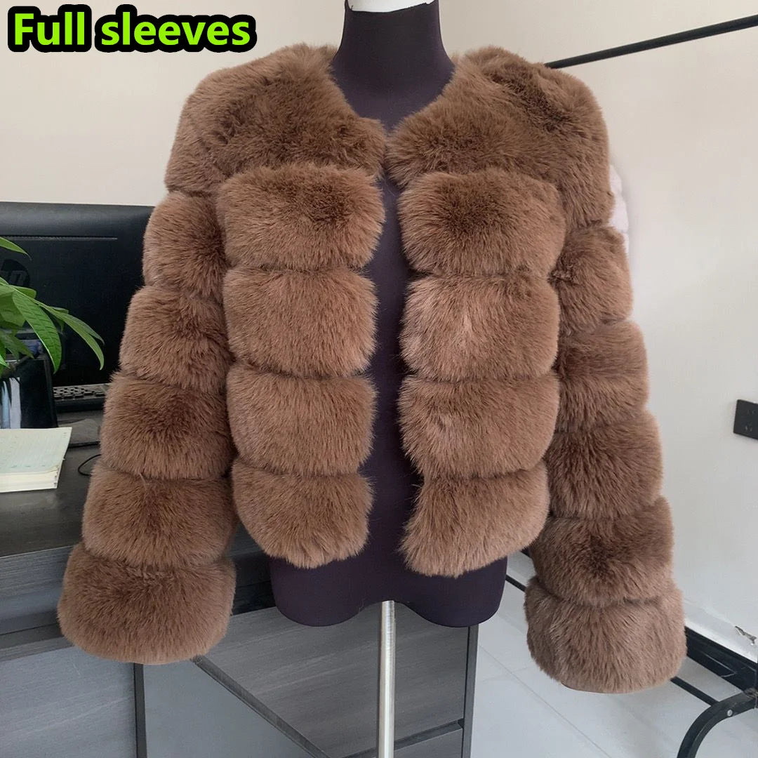 Amoura Elegance Women's Faux Fur Coat – Short Fluffy Jacket, High-Quality Faux Fox Fur, Stylish Winter Warmth Shor Sleeve( 50 cm)