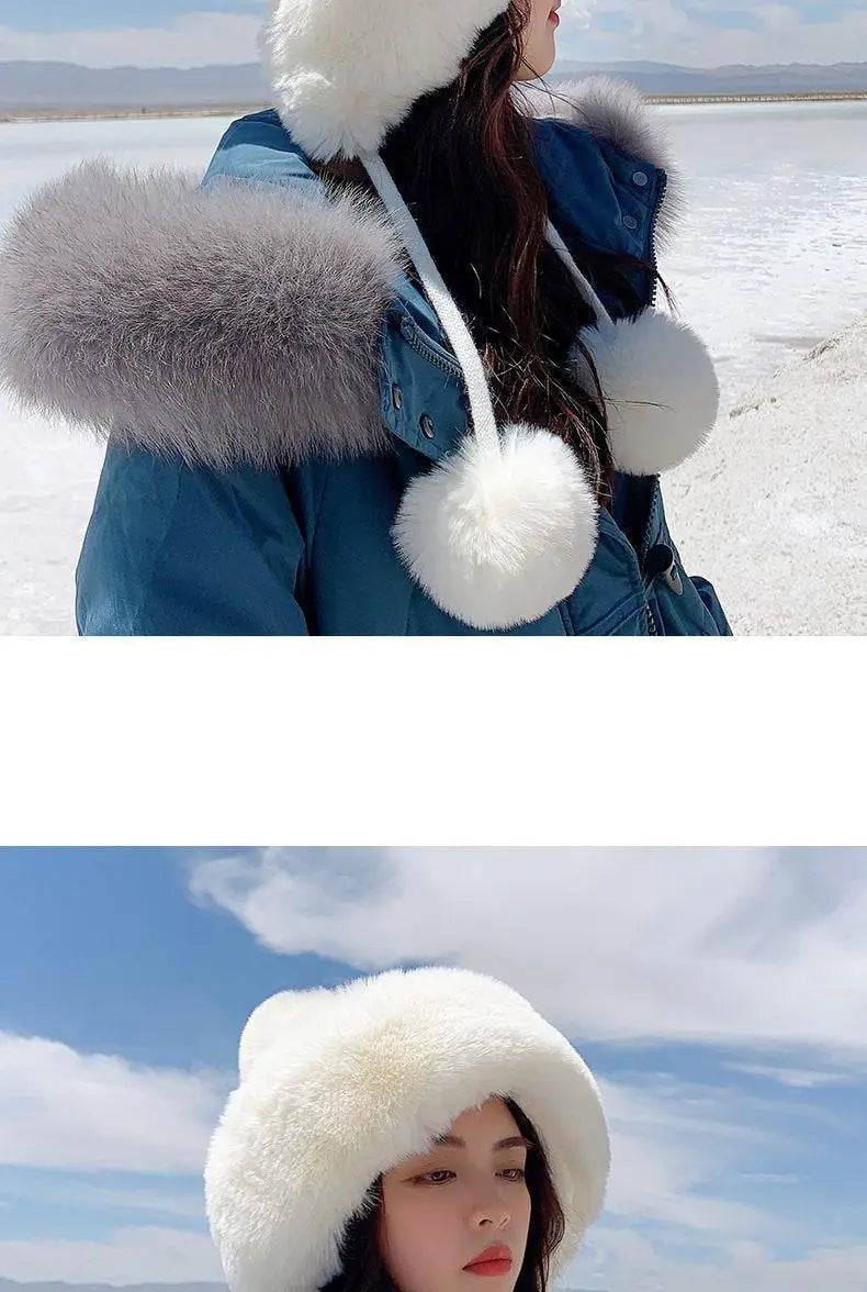 Amoura Elegance Women’s Imitation Rabbit Fur Thermal Winter Hat – Cute Thick White Plush Hat with Fluffy Ball and Earflaps
