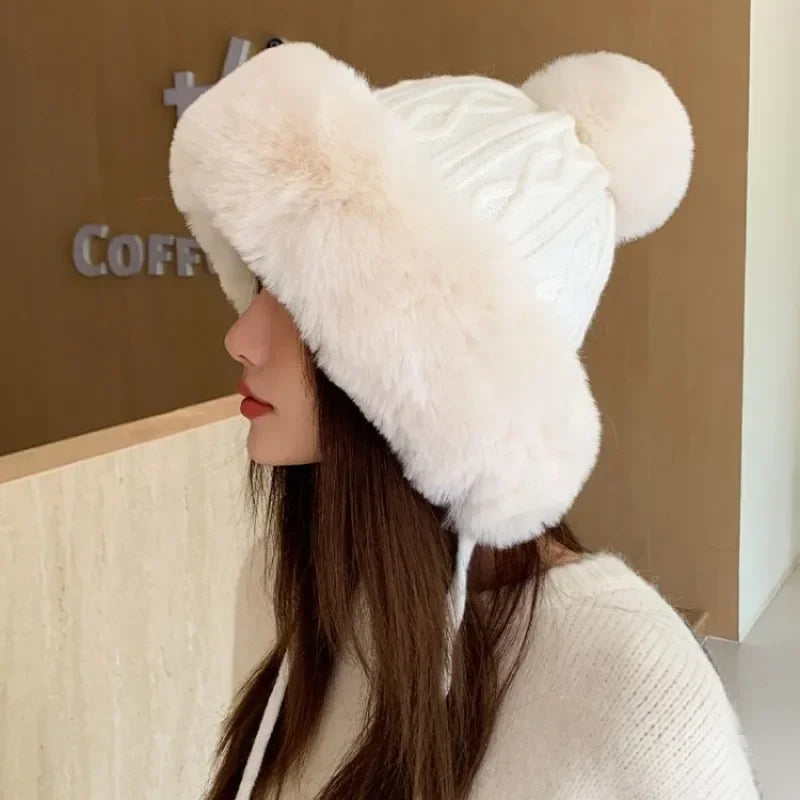 Amoura Elegance Women’s Imitation Rabbit Fur Thermal Winter Hat – Cute Thick White Plush Hat with Fluffy Ball and Earflaps