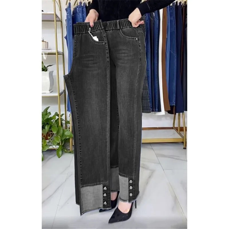 Women's Spring & Autumn Stretch Waist Straight Denim Pants – Large Size, Loose High-Waist Casual Jeans in Black & Blue | Amoura Elegance