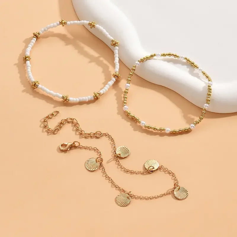 "AmouraElegance 3pcs Retro Pearl Beads Anklet for Women | Handmade Shell & Butterfly Foot Bracelet | Bohemian Summer Beach Jewelry Gift"