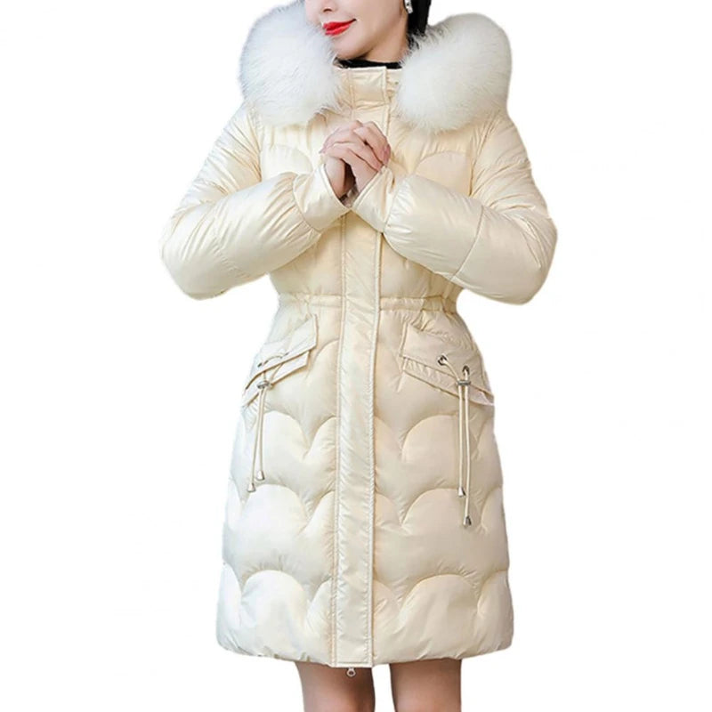 "Amoura Elegance Women's Winter Cotton Coat – Thickened Padded Faux Fur Hooded Mid-Length Slim Fit Windproof Outerwear for Cold Weather Comfort"