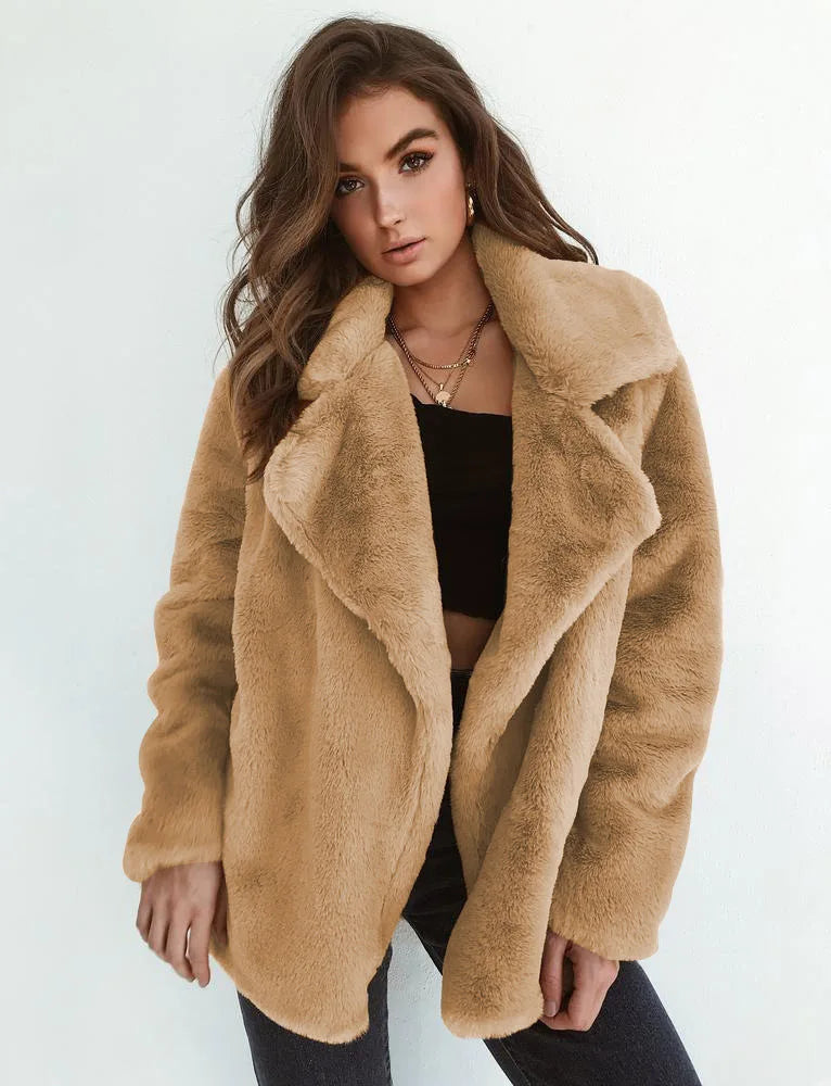 "Amoura Elegance Women's Plush Lapel Slim-Fit Jacket – European & American Fashion Sexy Autumn/Winter Outerwear for Stylish Comfort"