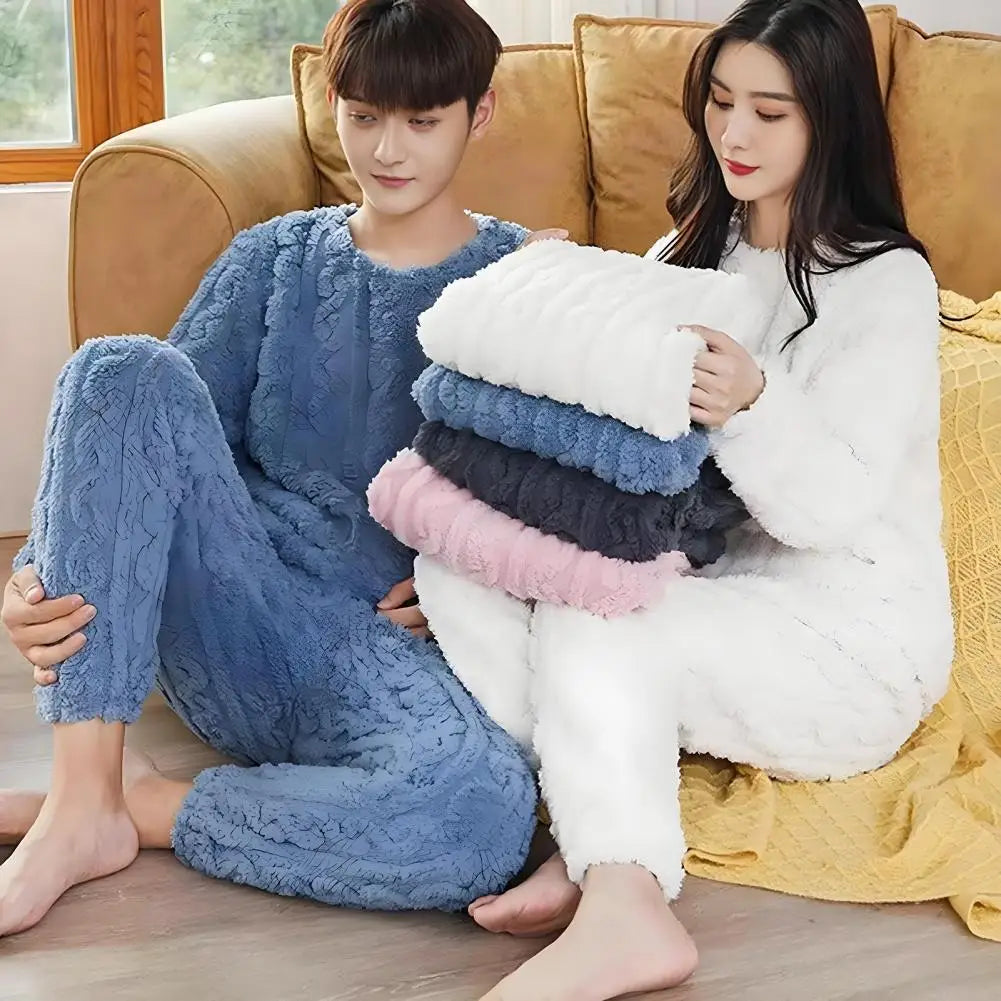 Amoura Elegance Cozy Coral Fleece Pajama Set for Couples – Elastic Waist, Thickened Winter Loungewear Pants and Top, Comfortable Homewear for Cold Weather