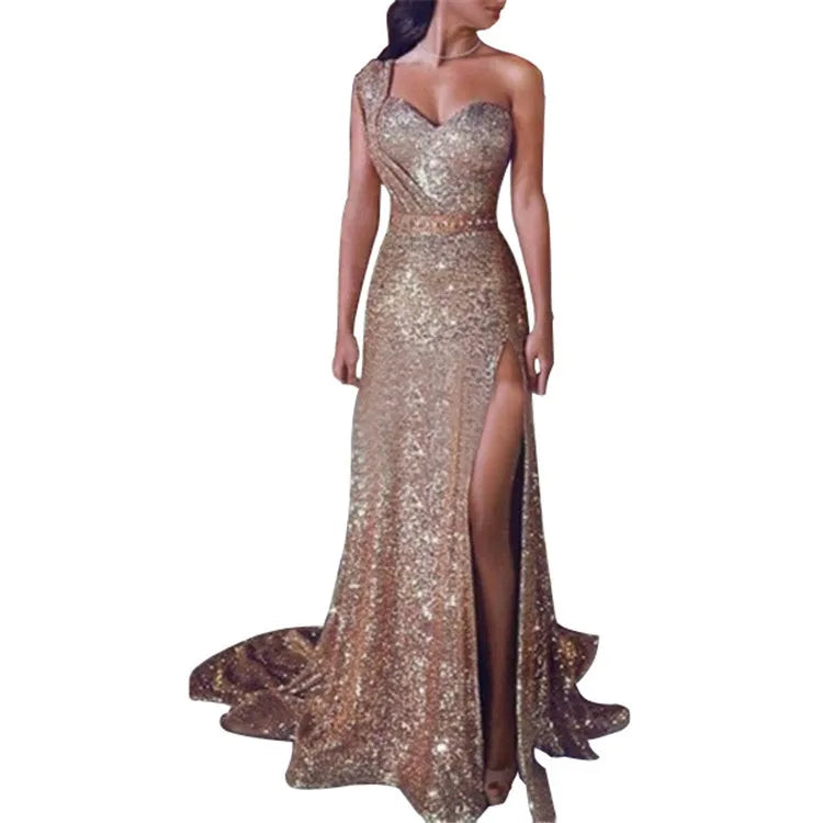 Amoura Elegance European & American Women's Sexy One-Shoulder Sleeveless Gold Slit Long Dress