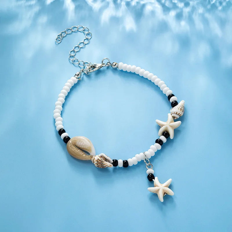 AmouraElegance Shell Starfish Anklets for Women | Handmade Bohemian Leg & Foot Chain with Rice Beads | Boho Sandals Jewelry Gift