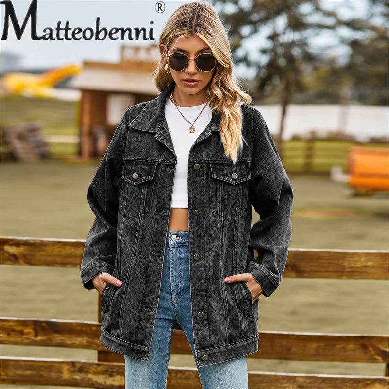 Amoura Elegance Women's Vintage Denim Jacket – Loose Lapel Single-Breasted Cardigan Coat for Autumn Winter Casual Commuter Style 2023