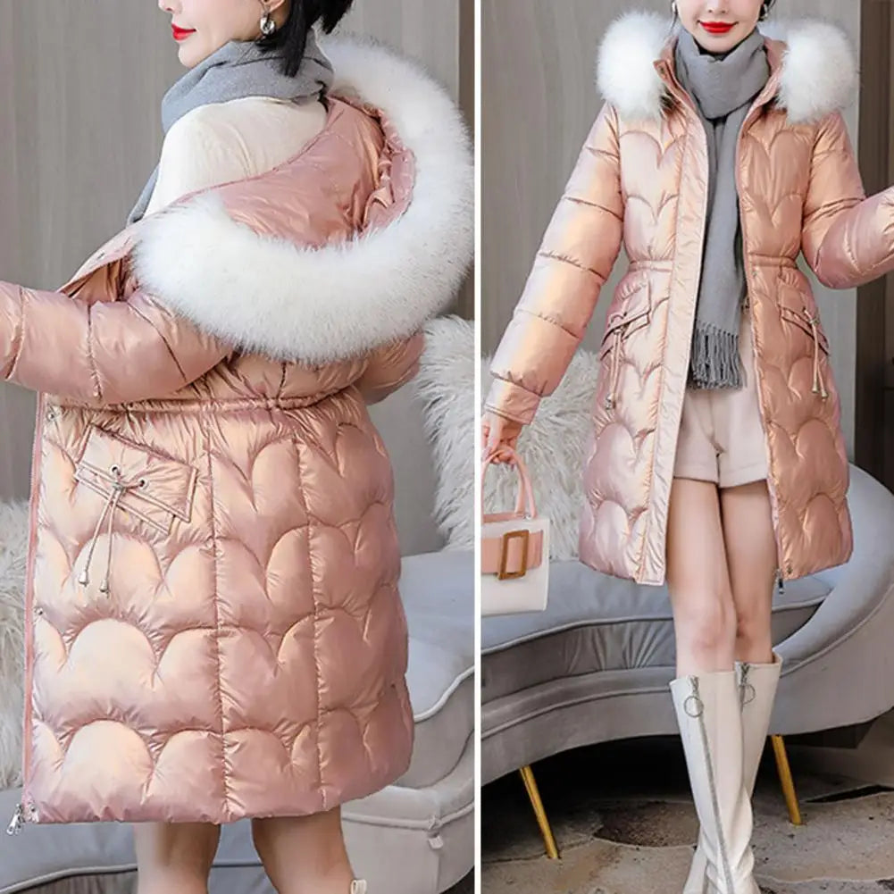 "Amoura Elegance Women's Winter Cotton Coat – Thickened Padded Faux Fur Hooded Mid-Length Slim Fit Windproof Outerwear for Cold Weather Comfort"