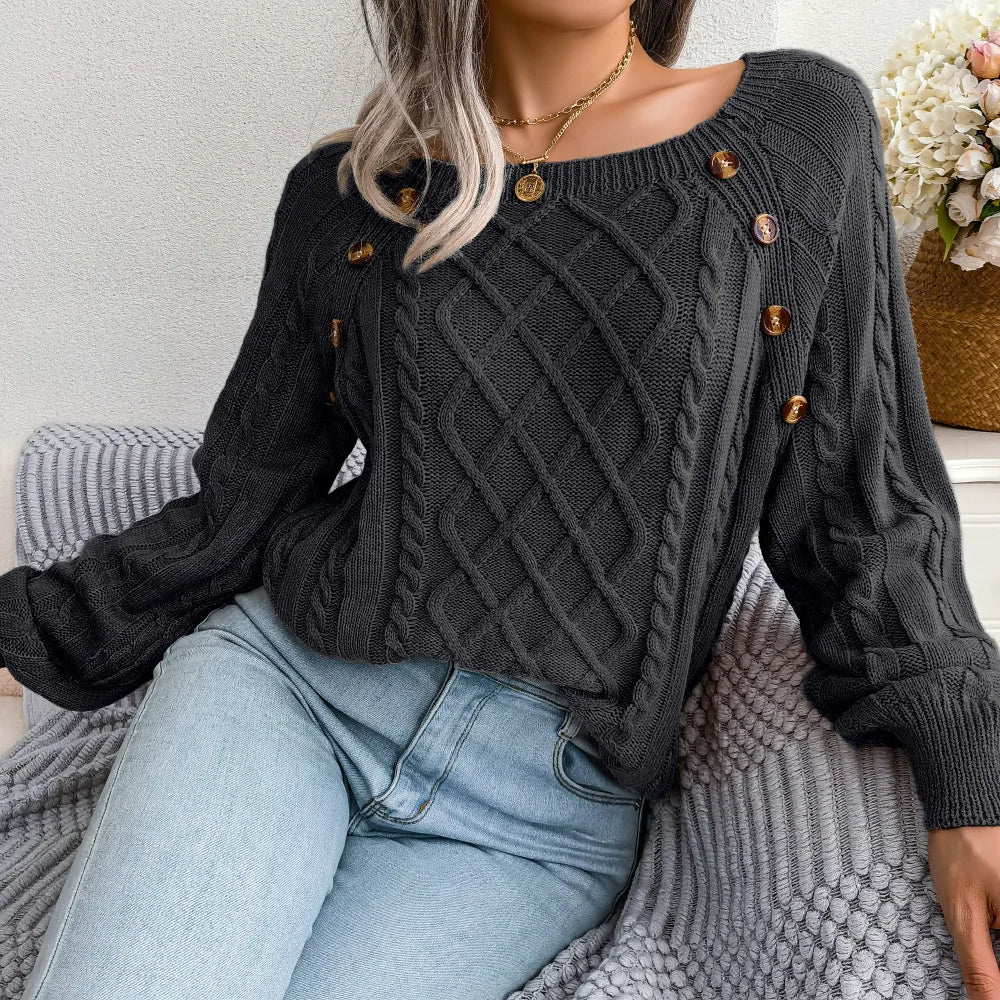 Amoura Elegance Women's 2024 Autumn/Winter Casual Square Collar Nail Buckle Twist Knitted Pullover Sweater – Chic & Cozy Knitwear