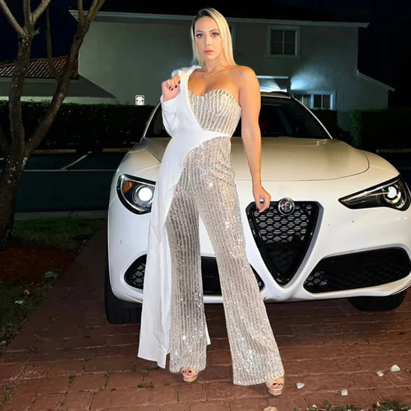 Amoura Elegance European & American Women's Silver Splicing Sequin One-Shoulder Jumpsuit – Glamorous Evening Wear