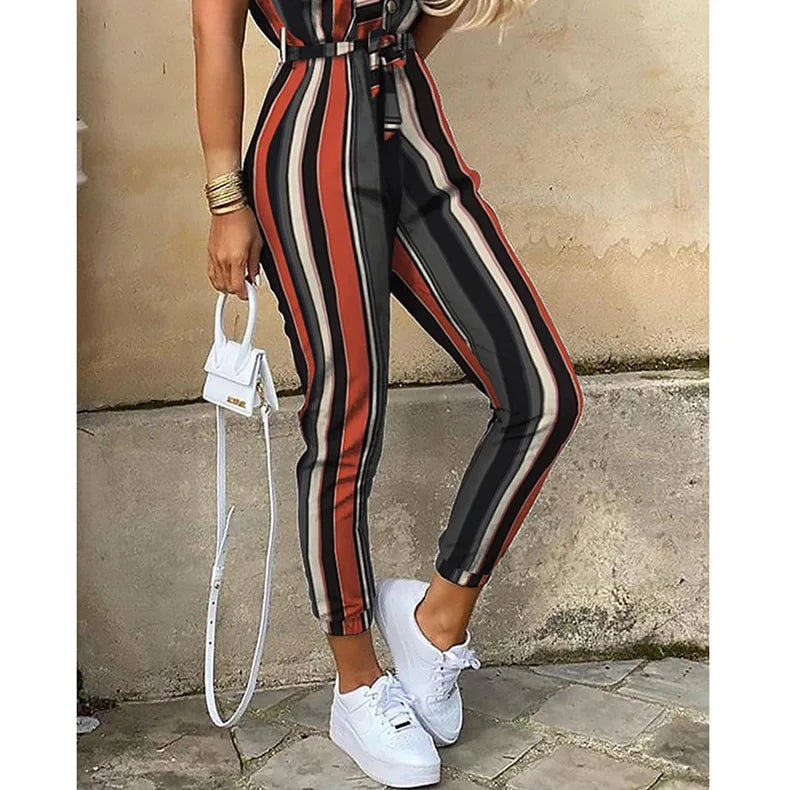 Amoura Elegance European & American Women's Casual Lapel Buckle Printed Belt Cargo Jumpsuit – Stylish Utility Fashion