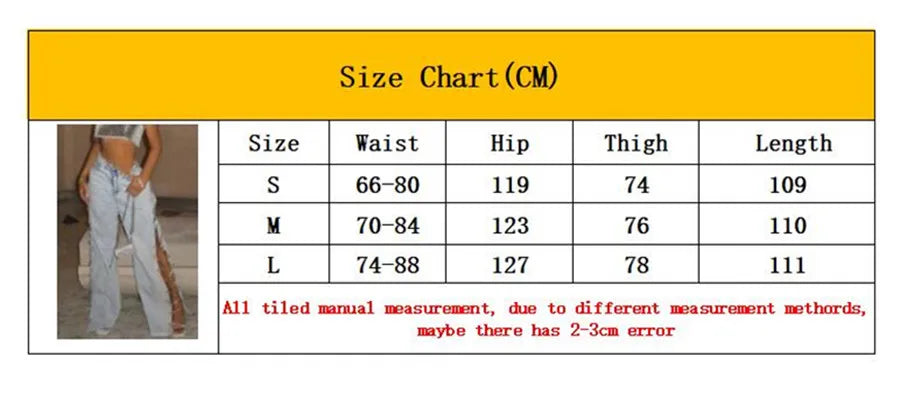 Amoura Elegance Women's Crystal Chain Y2K Wide Leg Baggy Jeans – High Waist Hollow Out Denim Trousers with Side Split