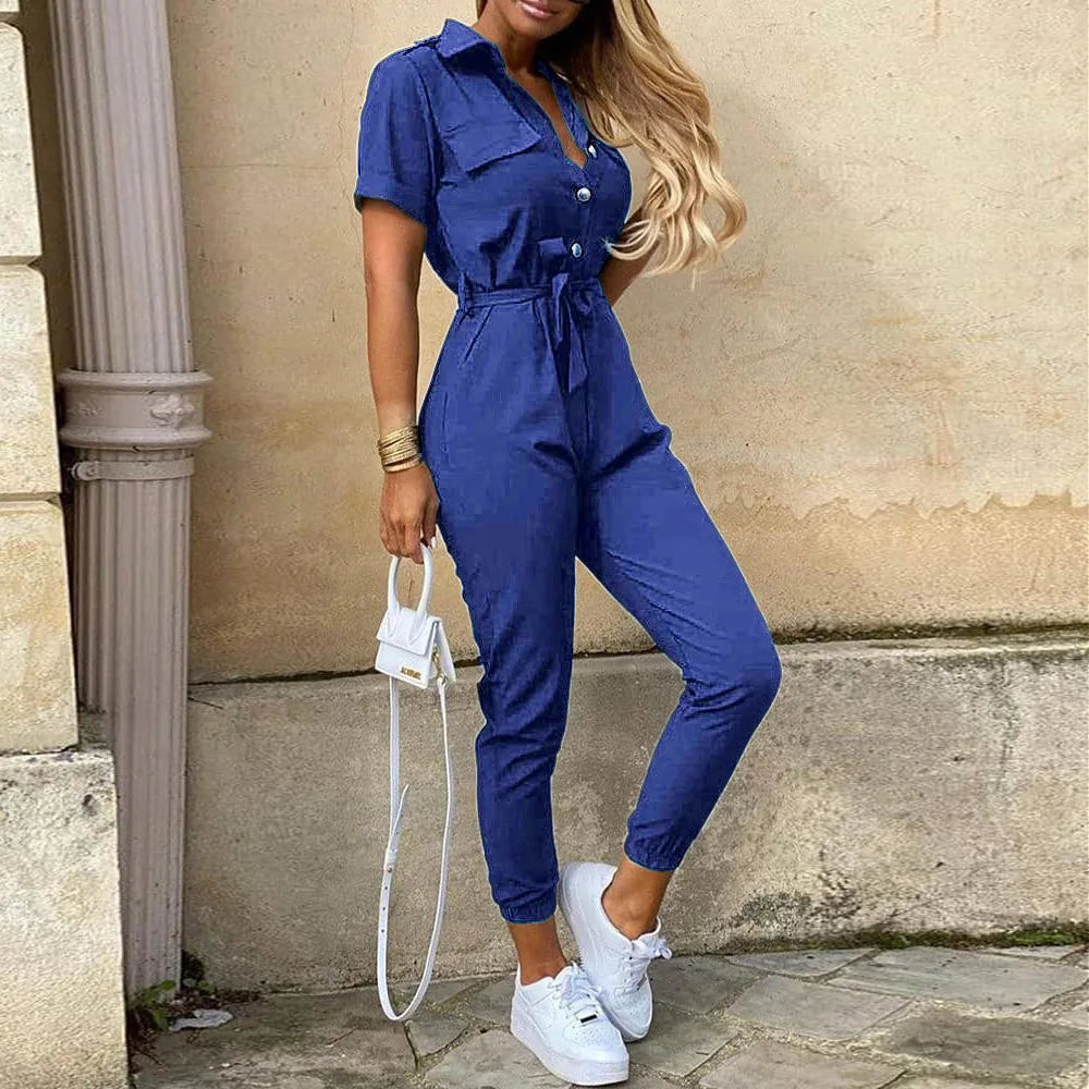 Amoura Elegance European & American Women's Casual Lapel Buckle Printed Belt Cargo Jumpsuit – Stylish Utility Fashion