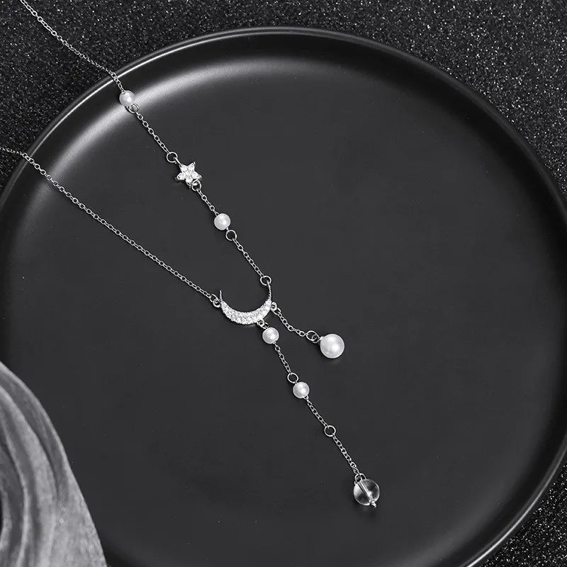 "Amoura Elegance Star Moon Imitation Pearl Tassel Chain Necklace – Light Luxury Clavicle Chain for Women, Party Jewelry"