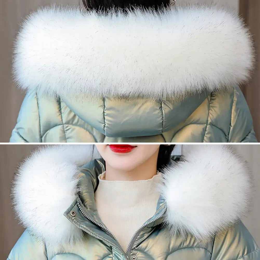 "Amoura Elegance Women's Winter Cotton Coat – Thickened Padded Faux Fur Hooded Mid-Length Slim Fit Windproof Outerwear for Cold Weather Comfort"
