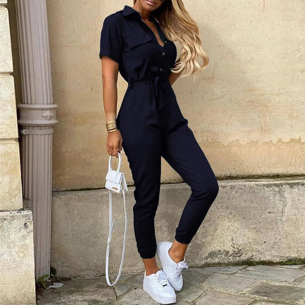 Amoura Elegance European & American Women's Casual Lapel Buckle Printed Belt Cargo Jumpsuit – Stylish Utility Fashion