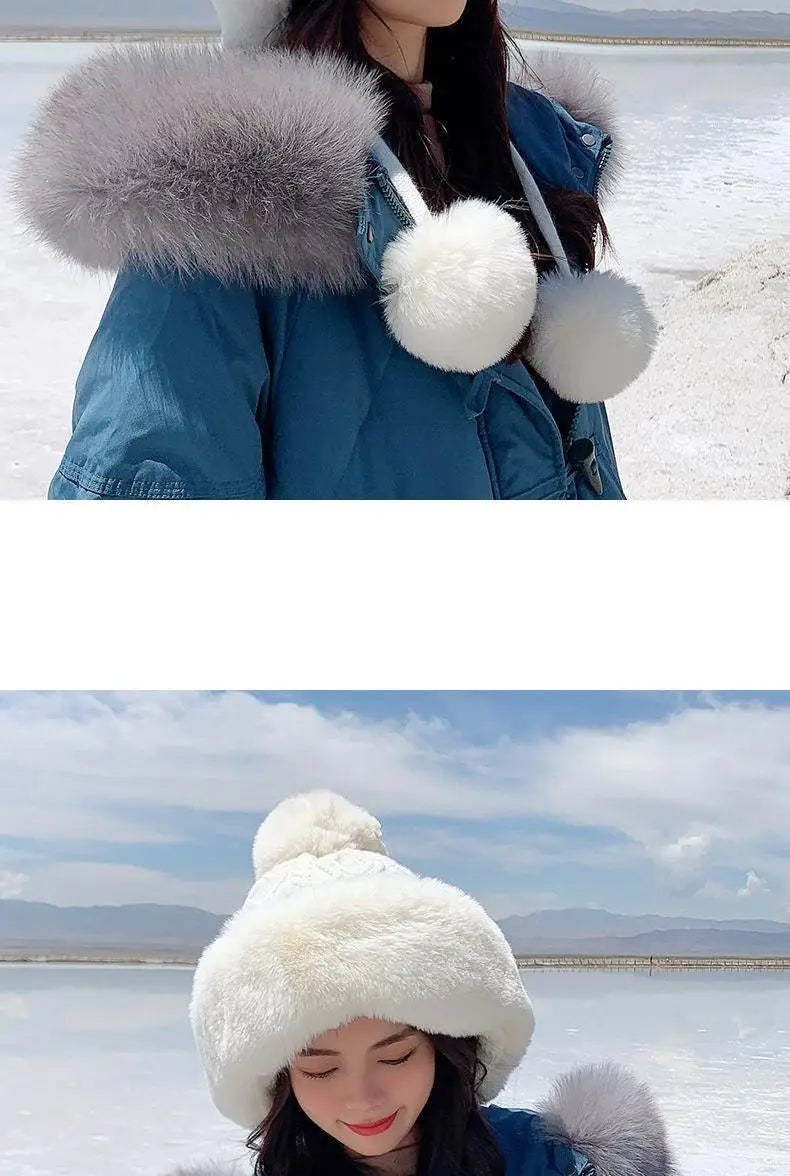 Amoura Elegance Women’s Imitation Rabbit Fur Thermal Winter Hat – Cute Thick White Plush Hat with Fluffy Ball and Earflaps