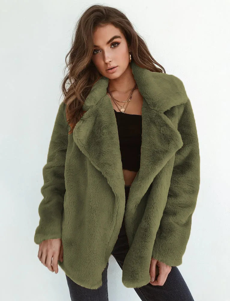 "Amoura Elegance Women's Plush Lapel Slim-Fit Jacket – European & American Fashion Sexy Autumn/Winter Outerwear for Stylish Comfort"