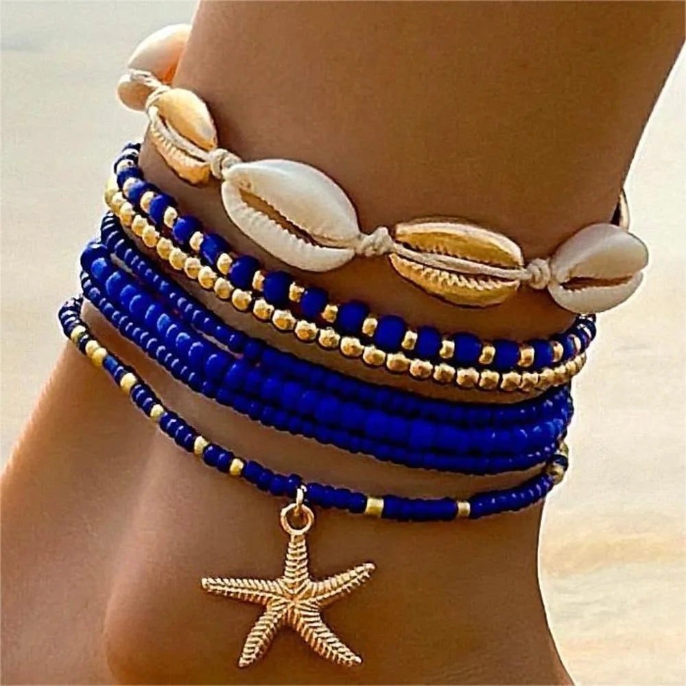"AmouraElegance 7Pcs Bohemian Beach Rice Beads Elastic Anklet Set | Charm Alloy Anklets with Stretch Holiday Starfish & Multi-layer Design"