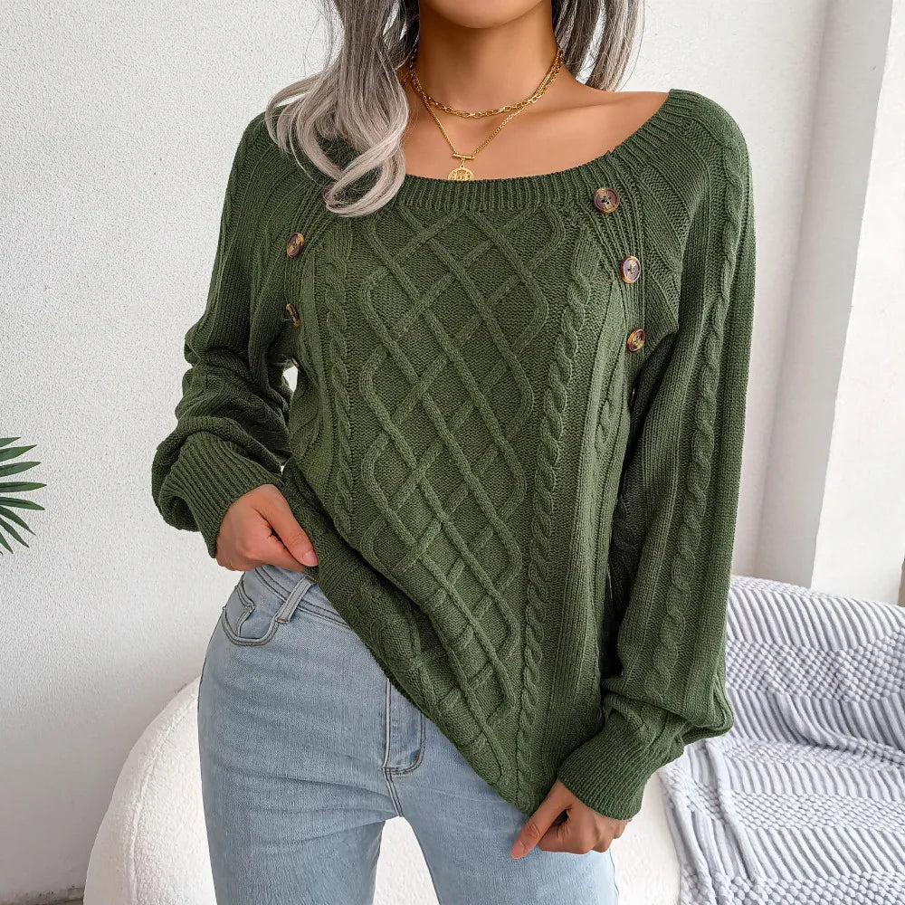Amoura Elegance Women's 2024 Autumn/Winter Casual Square Collar Nail Buckle Twist Knitted Pullover Sweater – Chic & Cozy Knitwear