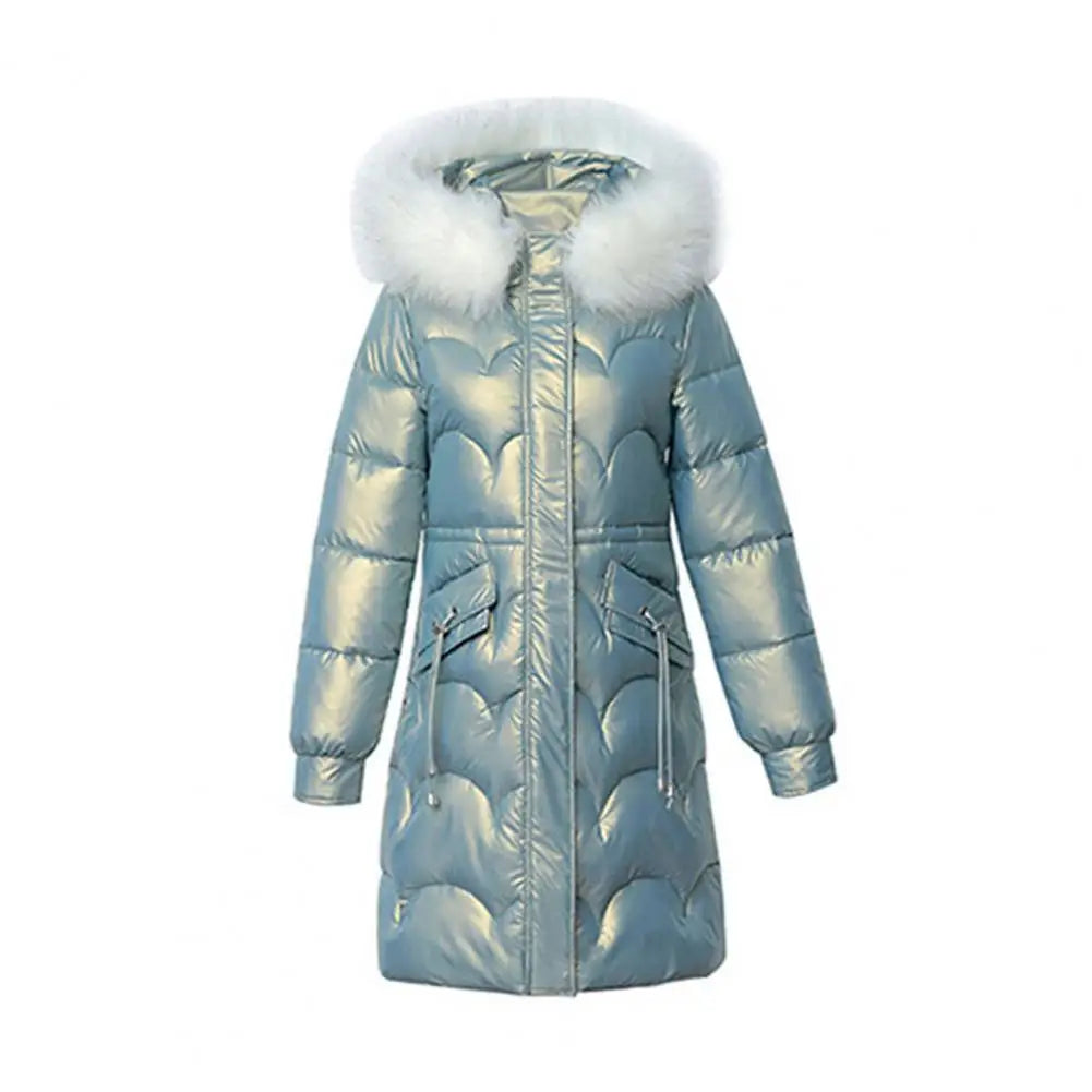 "Amoura Elegance Women's Winter Cotton Coat – Thickened Padded Faux Fur Hooded Mid-Length Slim Fit Windproof Outerwear for Cold Weather Comfort"