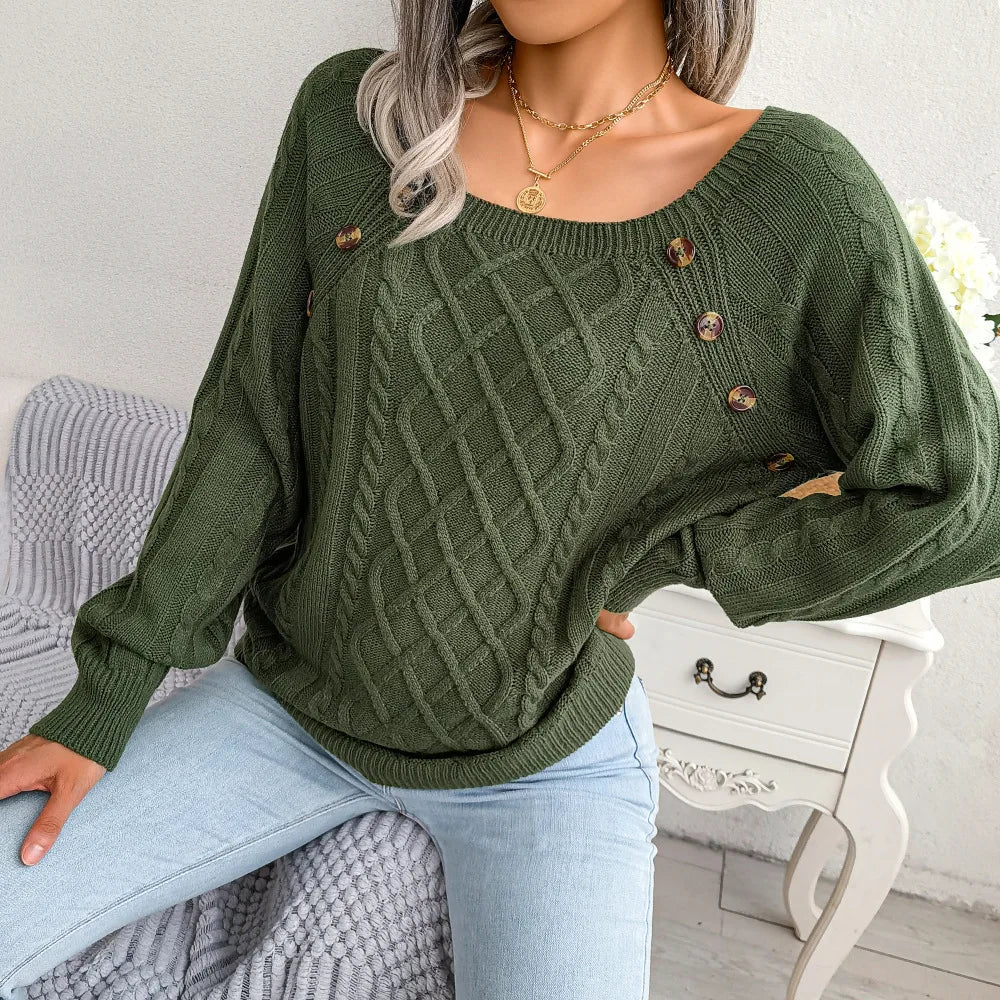 Amoura Elegance Women's 2024 Autumn/Winter Casual Square Collar Nail Buckle Twist Knitted Pullover Sweater – Chic & Cozy Knitwear