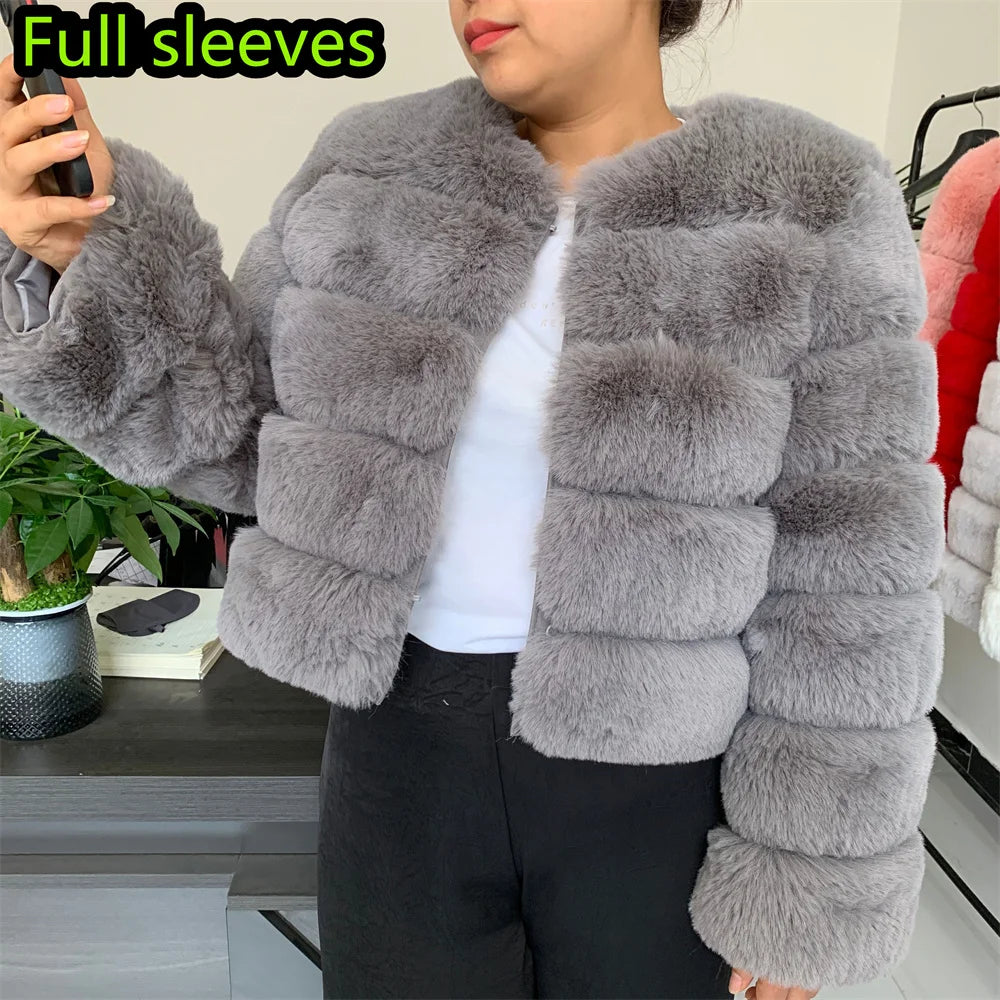 Amoura Elegance Women's Faux Fur Coat – Short Fluffy Jacket, High-Quality Faux Fox Fur, Stylish Winter Warmth Shor Sleeve( 50 cm)