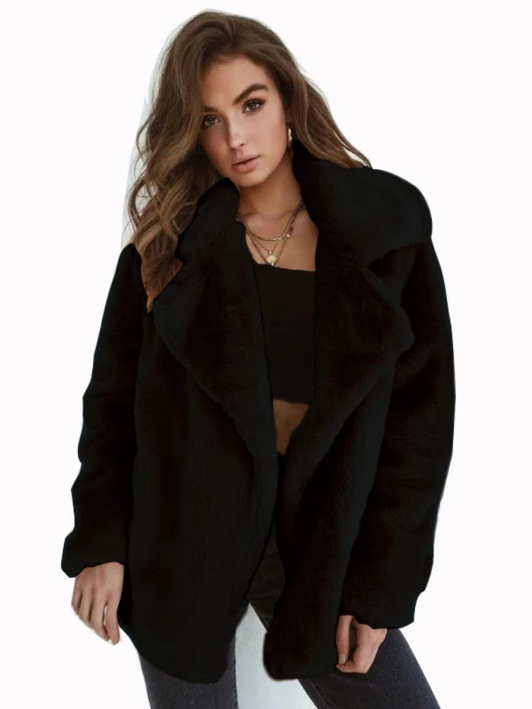 "Amoura Elegance Women's Plush Lapel Slim-Fit Jacket – European & American Fashion Sexy Autumn/Winter Outerwear for Stylish Comfort"