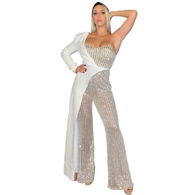 Amoura Elegance European & American Women's Silver Splicing Sequin One-Shoulder Jumpsuit – Glamorous Evening Wear