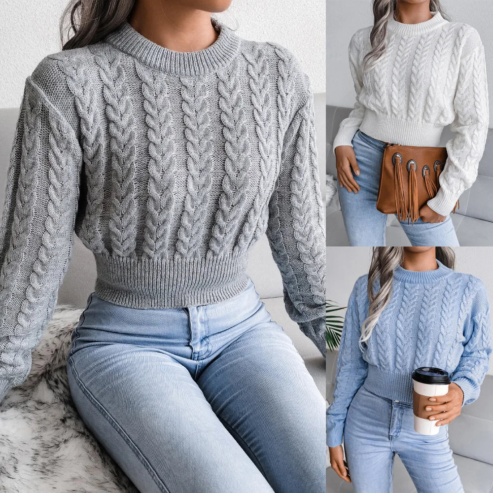 Amoura Elegance Women’s 2024 Autumn/Winter Twist Knitted Pullover – Solid Color Crew Neck, Long-Sleeve Sexy Babes Waist-Fitting Sweater