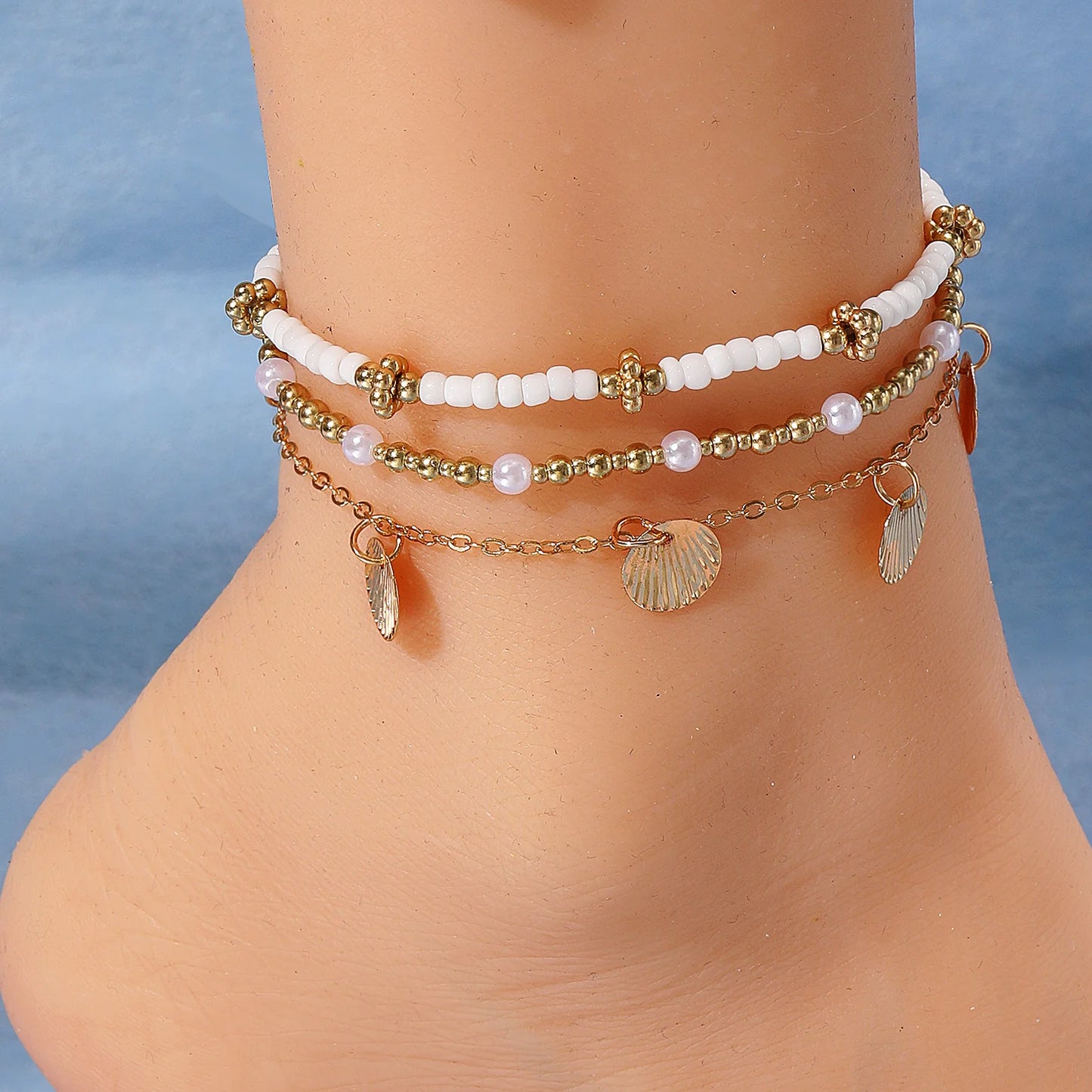 "AmouraElegance 3pcs Retro Pearl Beads Anklet for Women | Handmade Shell & Butterfly Foot Bracelet | Bohemian Summer Beach Jewelry Gift"