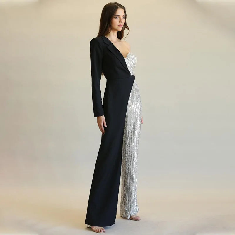 Amoura Elegance European & American Women's Silver Splicing Sequin One-Shoulder Jumpsuit – Glamorous Evening Wear