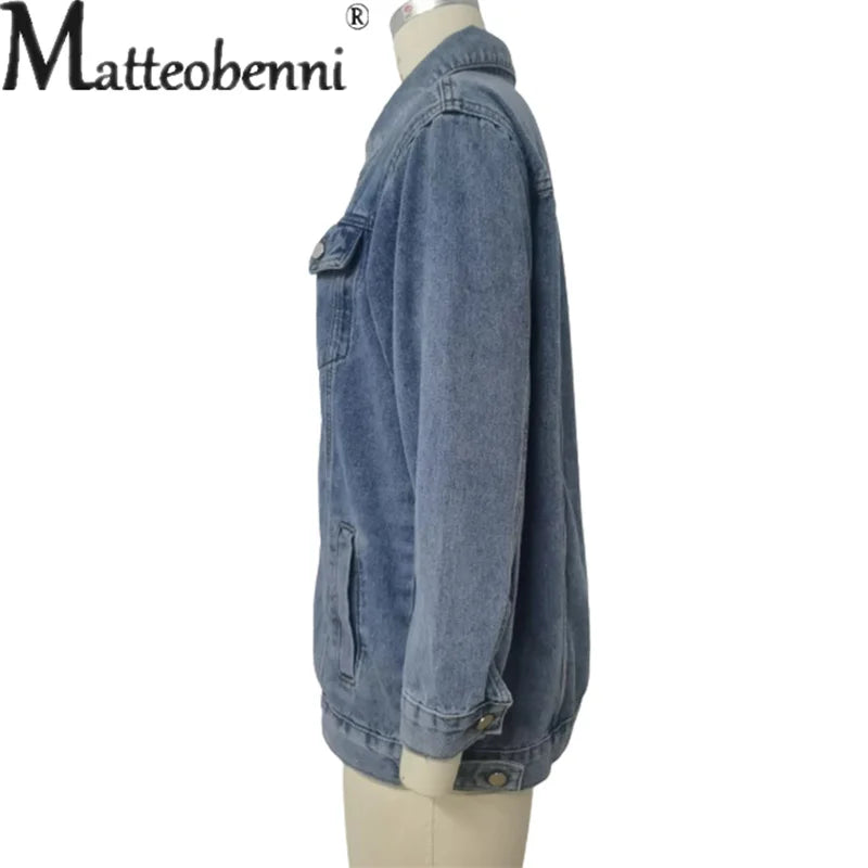 Amoura Elegance Women's Vintage Denim Jacket – Loose Lapel Single-Breasted Cardigan Coat for Autumn Winter Casual Commuter Style 2023
