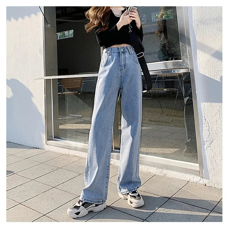 Amoura Elegance High-Waisted Loose-Fit Bell Bottom Jeans - Trendy, Slimming Denim Trousers for Women | Perfect for Spring & Autumn
