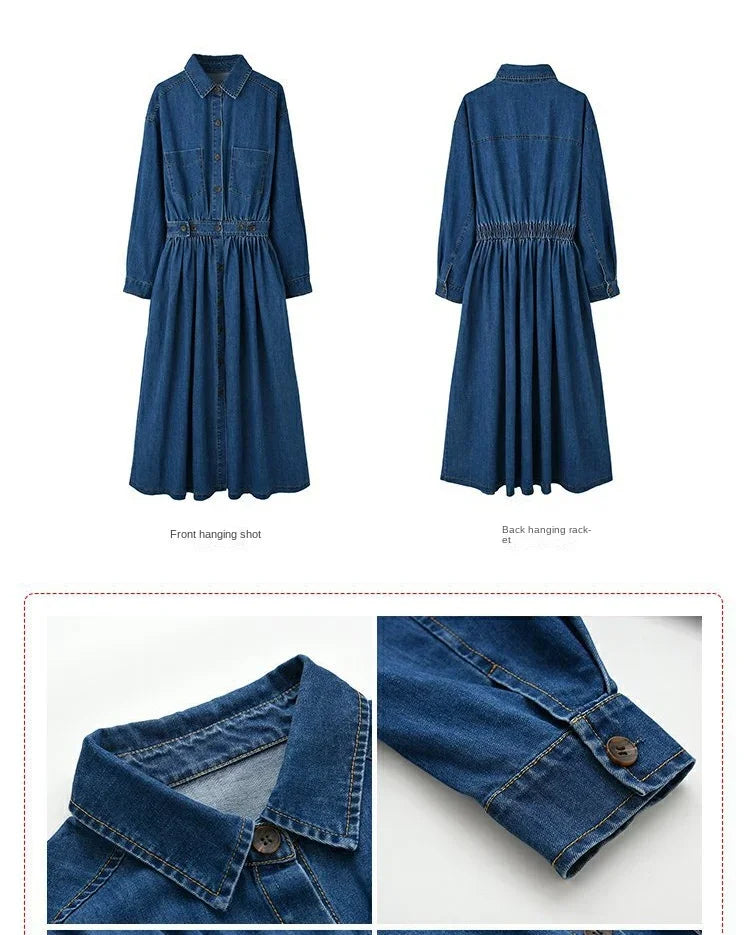 Amoura Elegance Blue Denim Vintage Long Dress – Korean Fashion Autumn Single-Breasted Loose Streetwear