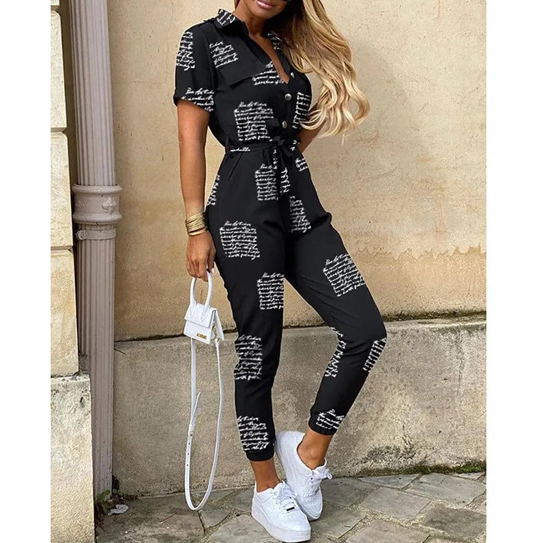 Amoura Elegance European & American Women's Casual Lapel Buckle Printed Belt Cargo Jumpsuit – Stylish Utility Fashion