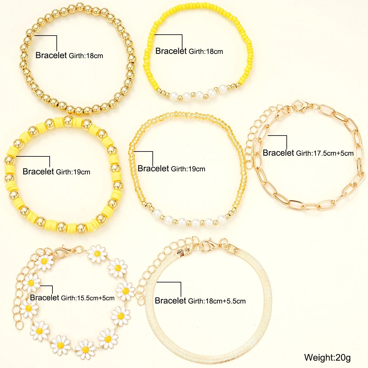 "Amoura Elegance 7-Piece Yellow Daisy Flower Bracelet Set – Vintage Gold Beaded Chain, Bohemian Handcrafted Jewelry for Women"