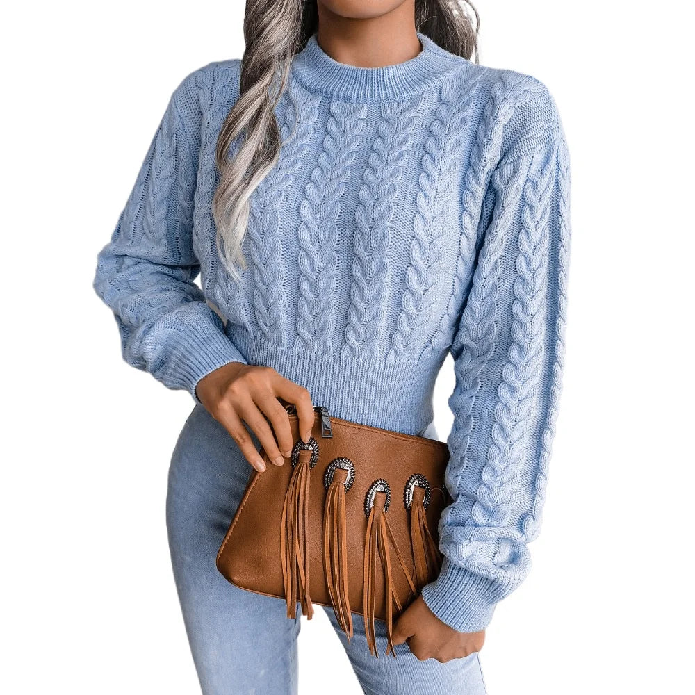 Amoura Elegance Women’s 2024 Autumn/Winter Twist Knitted Pullover – Solid Color Crew Neck, Long-Sleeve Sexy Babes Waist-Fitting Sweater