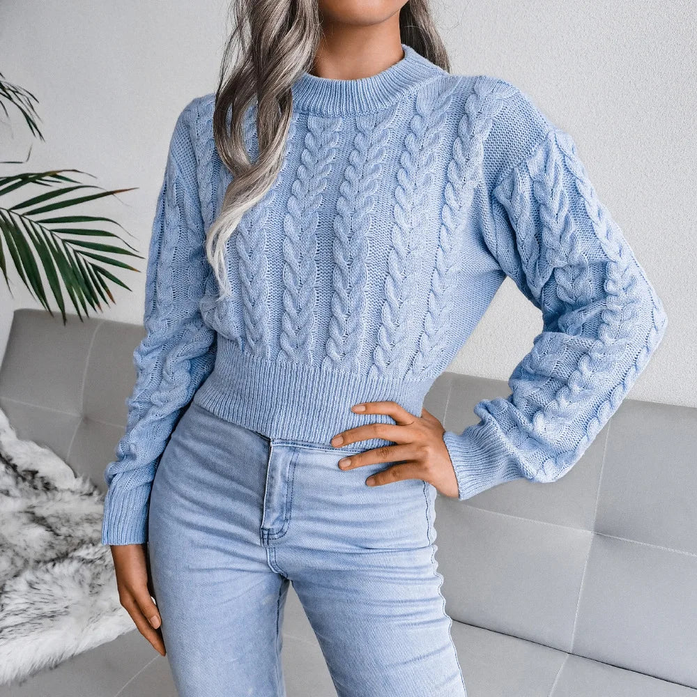 Amoura Elegance Women’s 2024 Autumn/Winter Twist Knitted Pullover – Solid Color Crew Neck, Long-Sleeve Sexy Babes Waist-Fitting Sweater