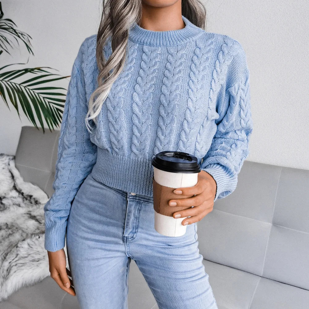 Amoura Elegance Women’s 2024 Autumn/Winter Twist Knitted Pullover – Solid Color Crew Neck, Long-Sleeve Sexy Babes Waist-Fitting Sweater