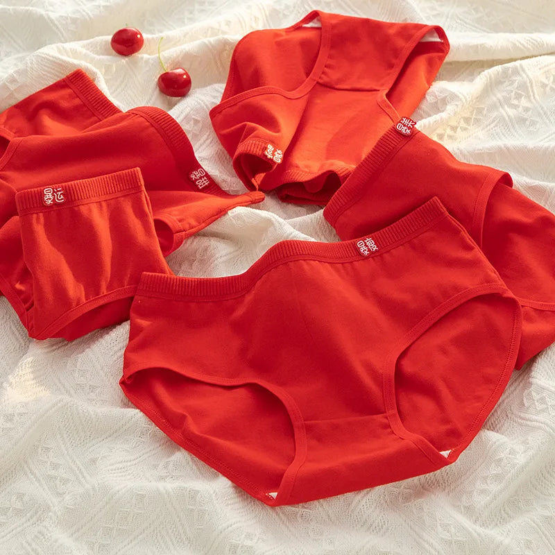 5-Piece Women's Cotton Underwear Set - Breathable Red Panties, Solid Color Sexy Intimates from Amoura Elegance