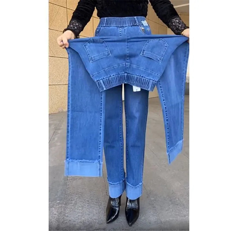Women's Spring & Autumn Stretch Waist Straight Denim Pants – Large Size, Loose High-Waist Casual Jeans in Black & Blue | Amoura Elegance