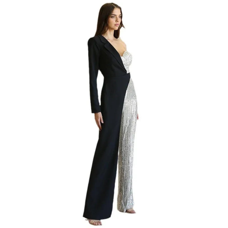 Amoura Elegance European & American Women's Silver Splicing Sequin One-Shoulder Jumpsuit – Glamorous Evening Wear
