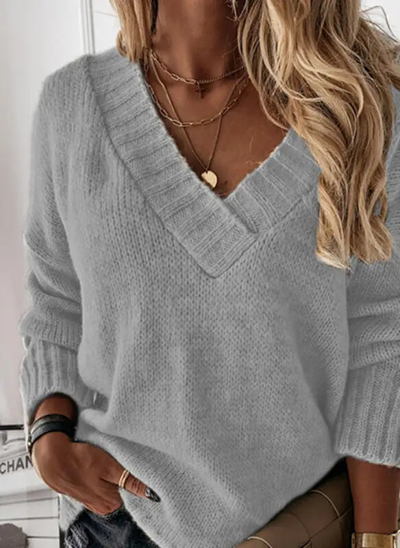 Amoura Elegance Fashion Europe and US 2024 Autumn/Winter Solid Color V-Neck Sweater Blouse – Casual Loose Fit Women's Top