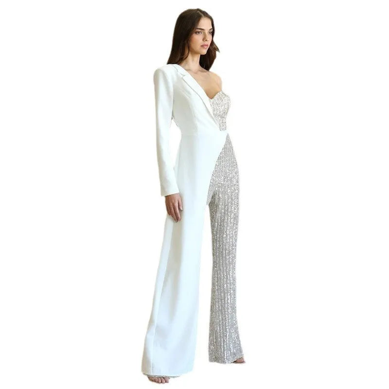 Amoura Elegance European & American Women's Silver Splicing Sequin One-Shoulder Jumpsuit – Glamorous Evening Wear