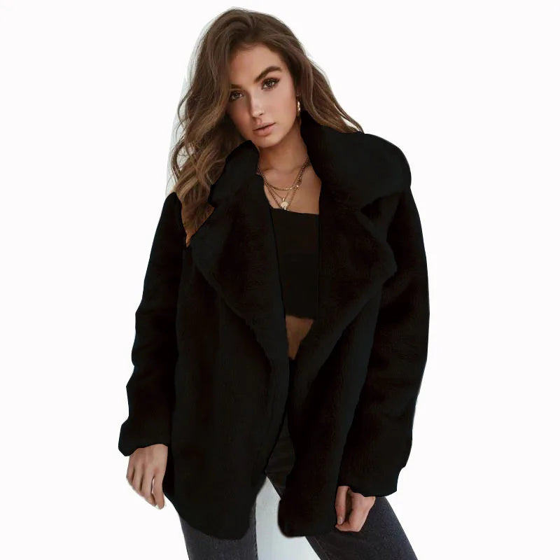 "Amoura Elegance Women's Plush Lapel Slim-Fit Jacket – European & American Fashion Sexy Autumn/Winter Outerwear for Stylish Comfort"